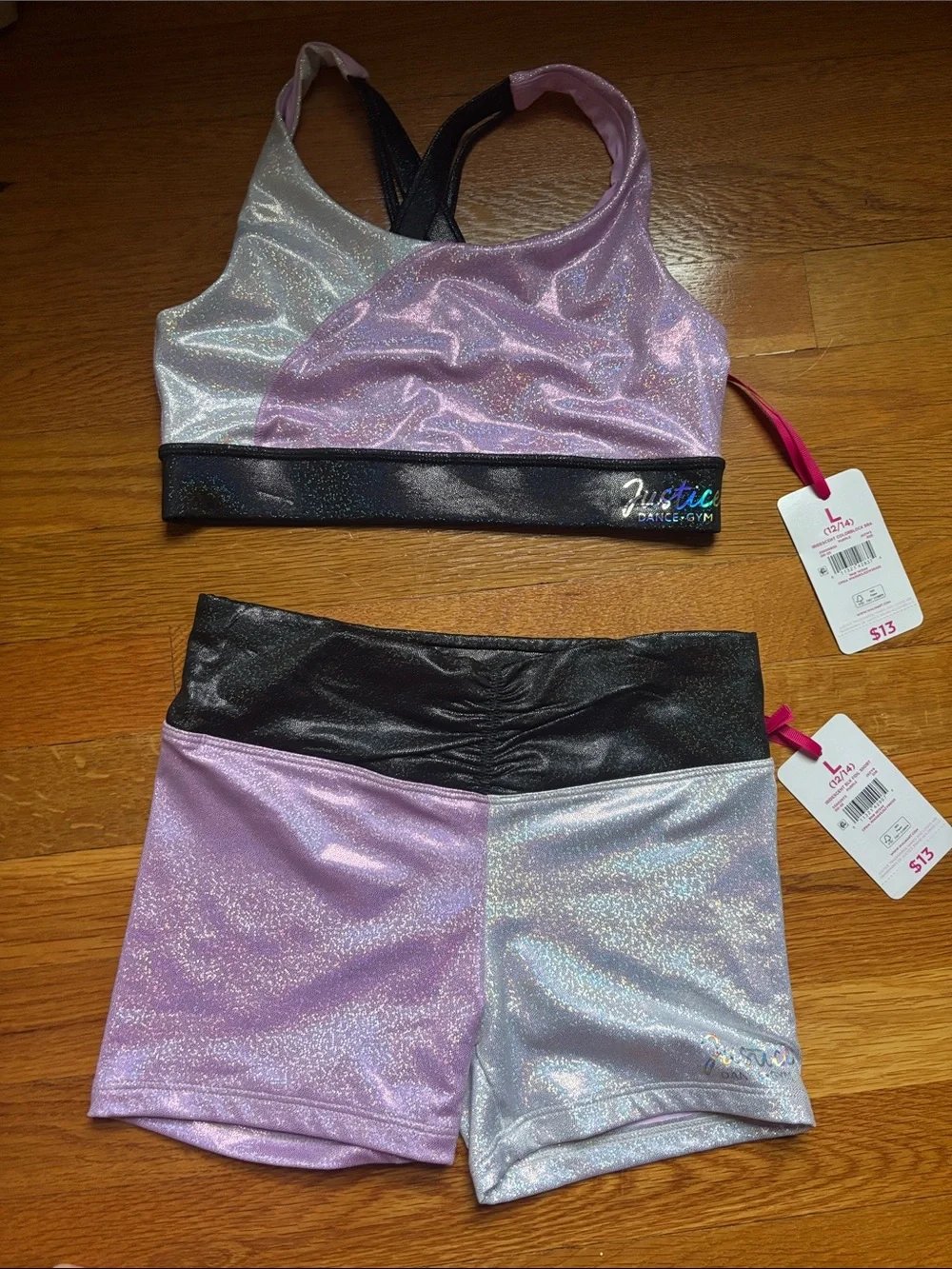 Justice Metallic Lavender & Silver Dance Set with Black Trim